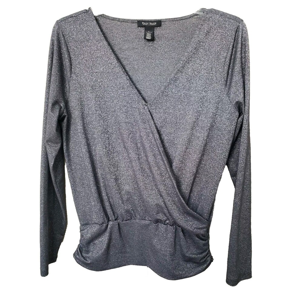WHBM Gray Shimmer Faux Wrap Surplice Banded Waist Top Size Large